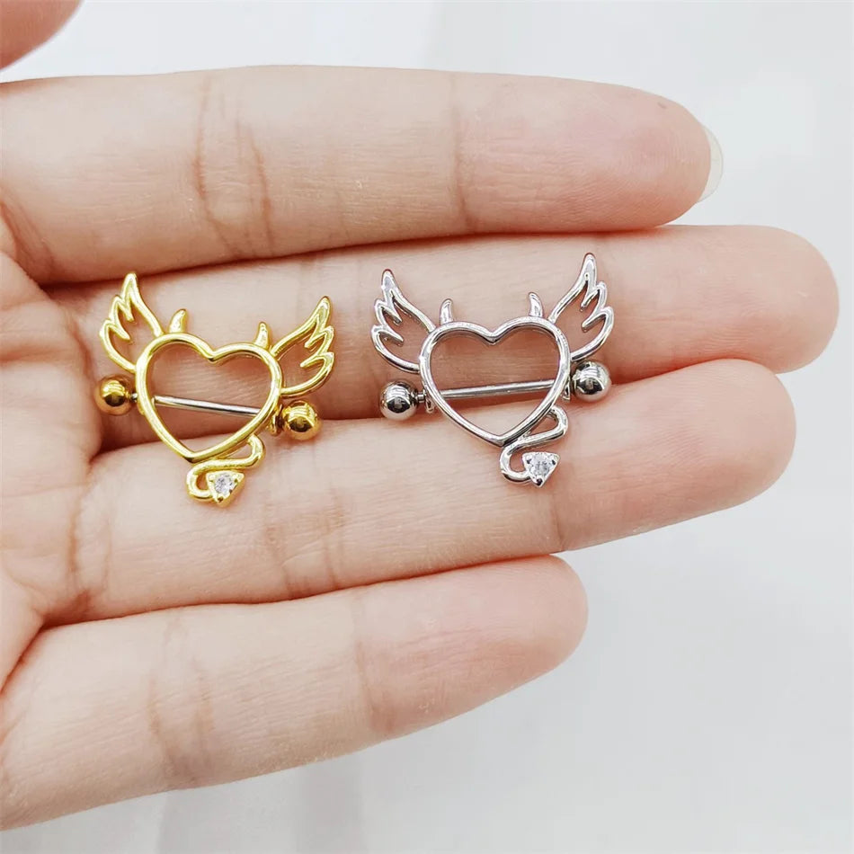 Piercing do sutków z tytanowego anioła i demonicznego serca - para 1,2 mm 16 mm