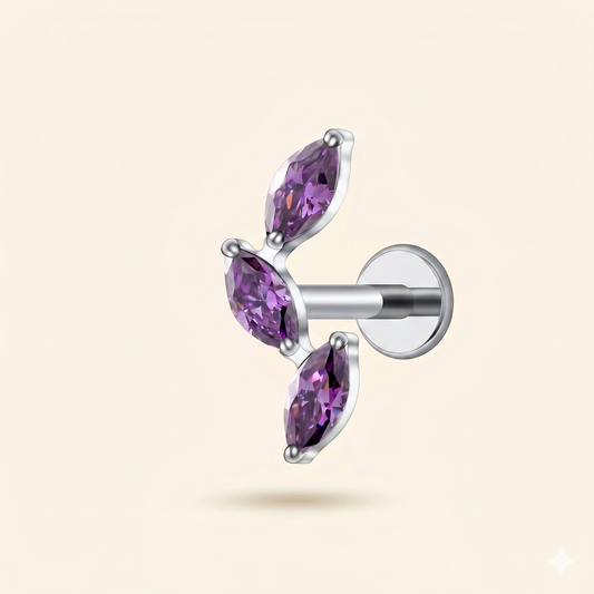 Piercing Labret z fioletową cyrkonią i potrójną markizą, wykonany z tytanu ASTM F136