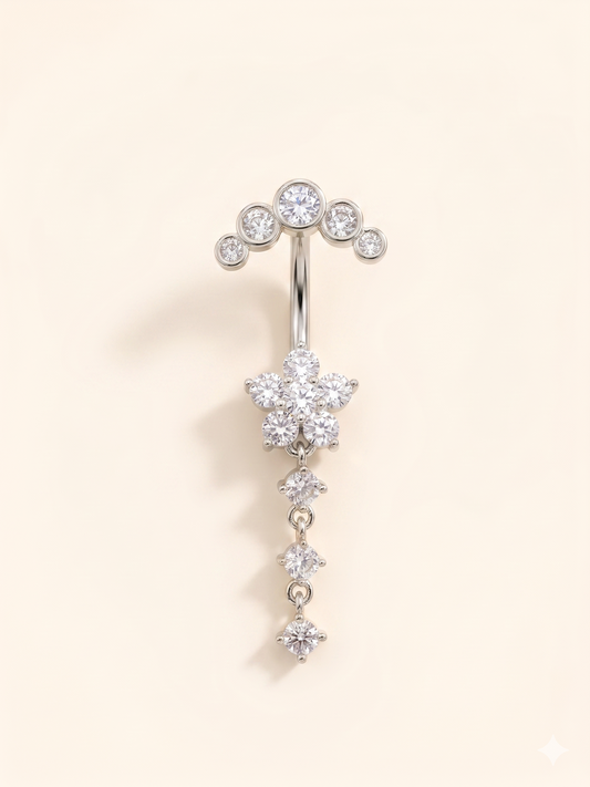 Stalowy piercing do pępka ze złotym cyrkoniowym kwiatkiem