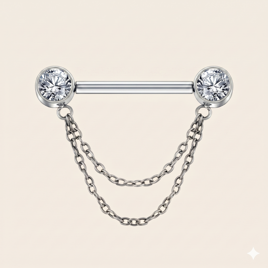 Neogotycki, pozłacany podwójny łańcuszek z tytanu i cyrkonii