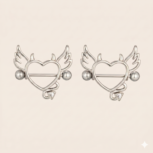 Piercing do sutków z tytanowego anioła i demonicznego serca - para 1,2 mm 16 mm
