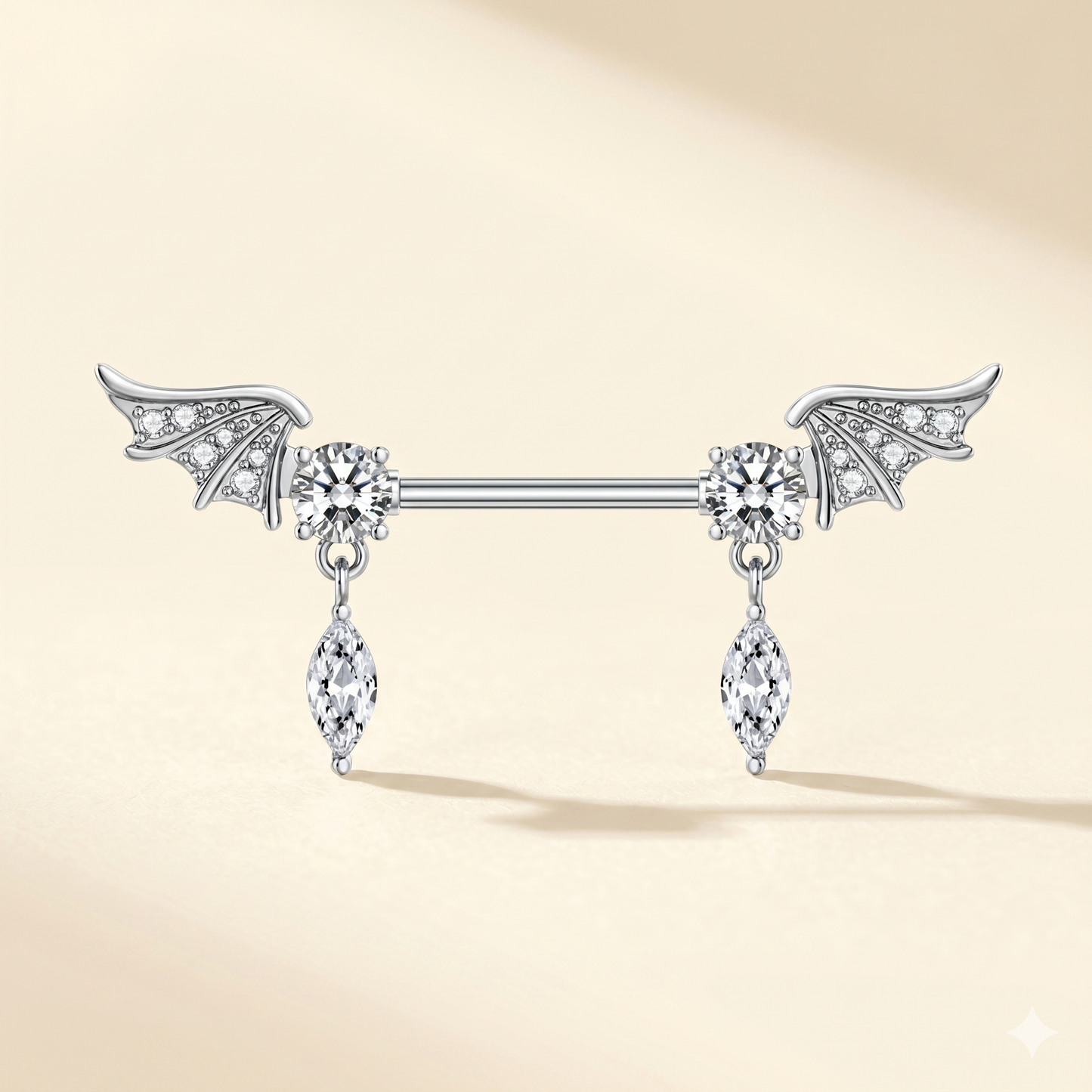 Piercing do sutków z tytanową cyrkonią i anielskim skrzydłem – zestaw 2 osłonek 14G