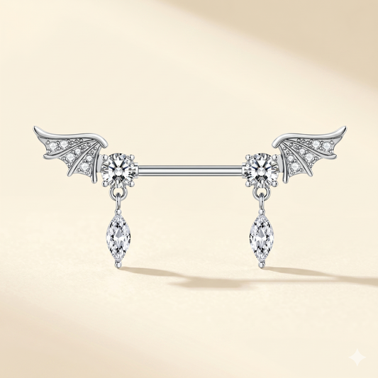Piercing do sutków z tytanową cyrkonią i anielskim skrzydłem – zestaw 2 osłonek 14G