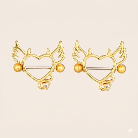 Piercing do sutków z tytanowego anioła i demonicznego serca - para 1,2 mm 16 mm