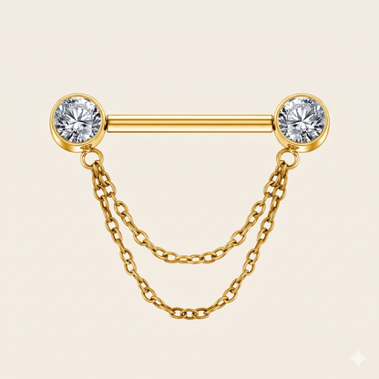 Neogotycki, pozłacany podwójny łańcuszek z tytanu i cyrkonii