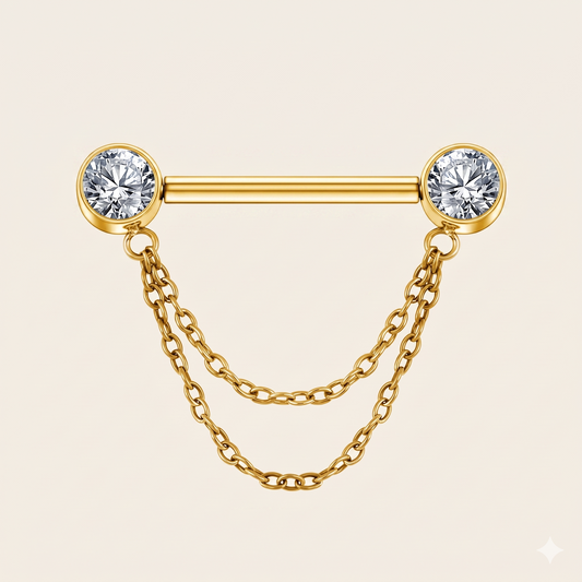 Neogotycki, pozłacany podwójny łańcuszek z tytanu i cyrkonii