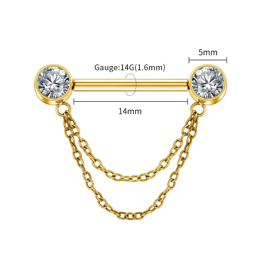 Neogotycki, pozłacany podwójny łańcuszek z tytanu i cyrkonii