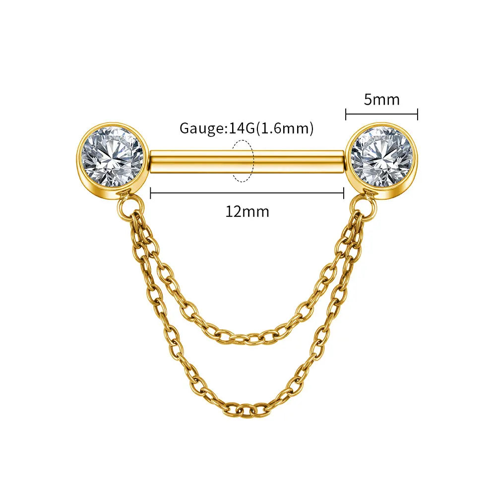 Neogotycki, pozłacany podwójny łańcuszek z tytanu i cyrkonii