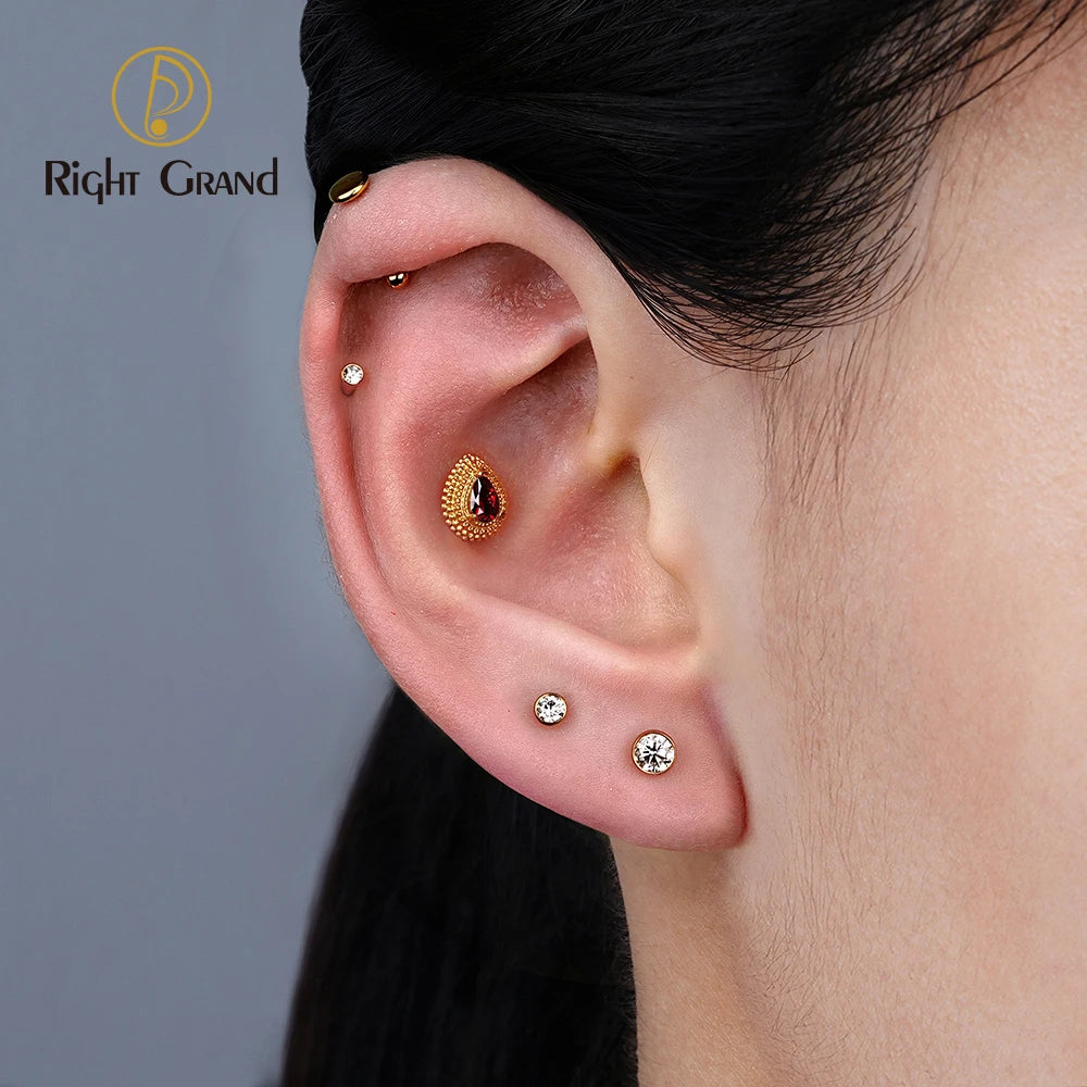 Piercing Labret Goutte Opale Rouge & Zircon en Titane ASTM F136