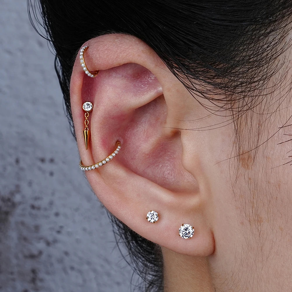 Right Grand ASTM F136 Tytan Bezel CZ Wiszący Stożek Labret Kolczyk Chrząstka Conch Helix Sztyft Tragus Kolec Łańcuszek Drop Kolczyk