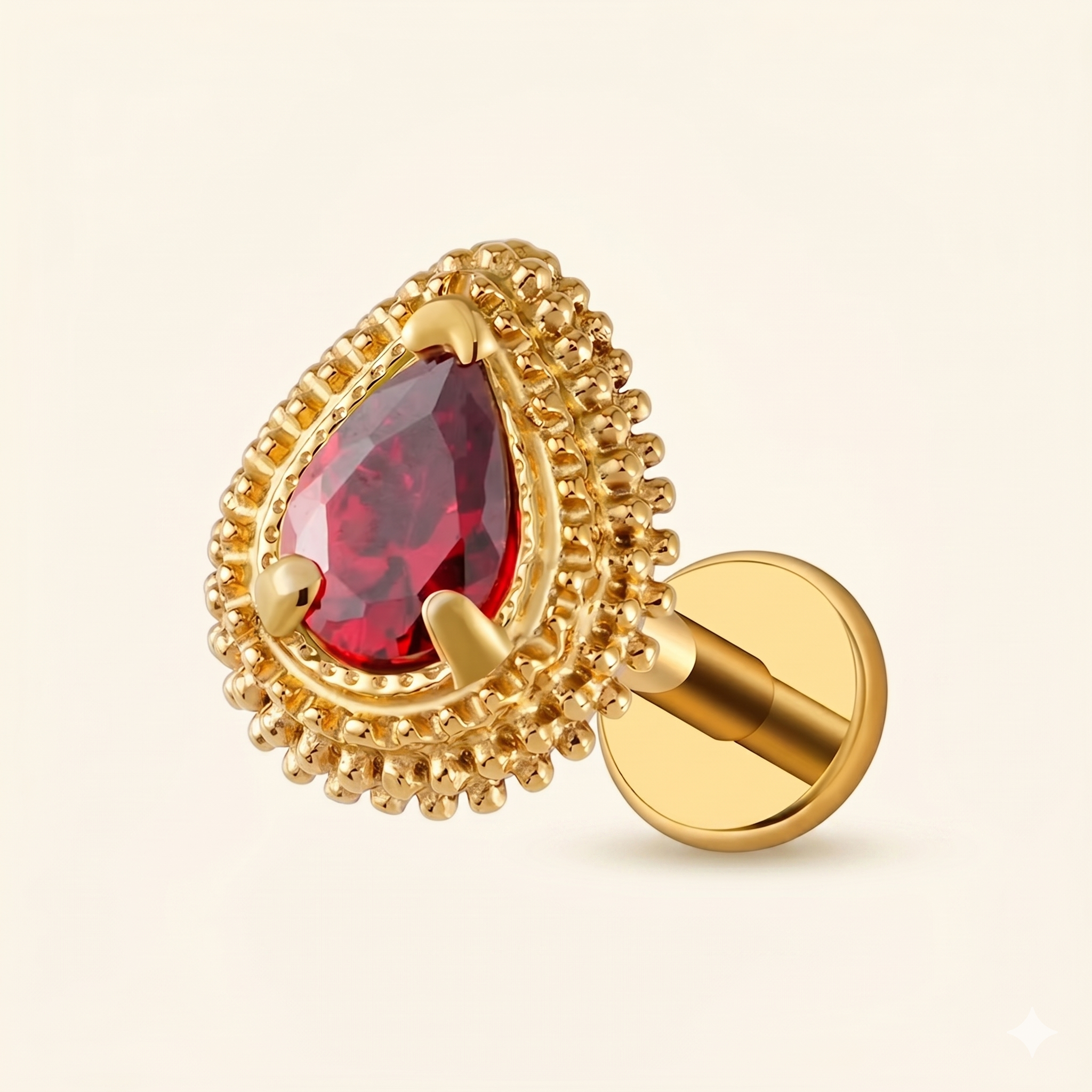 Piercing Labret Goutte Opale Rouge & Zircon en Titane ASTM F136