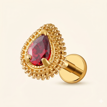 Piercing Labret Goutte Opale Rouge & Zircon en Titane ASTM F136