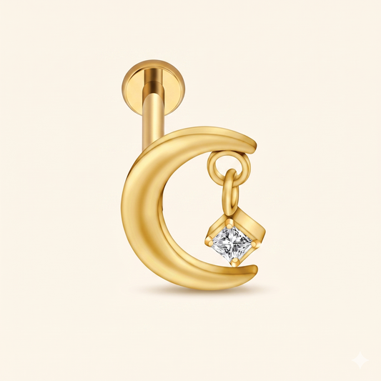 Right Grand ASTM F136 Titanio Pendente Luna CZ Push Pin Labret 18G/16G Threadless Flat Back Orecchino Helix Stud Piercing Cartilagine