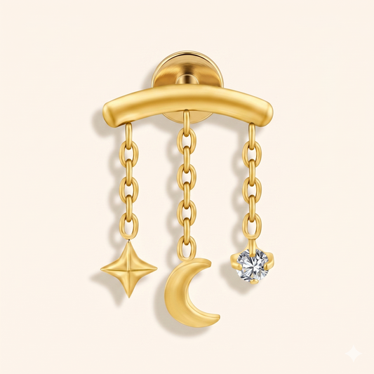 Piercing Hélix Chaîne Étoile Lune Zircon en Titane ASTM F136