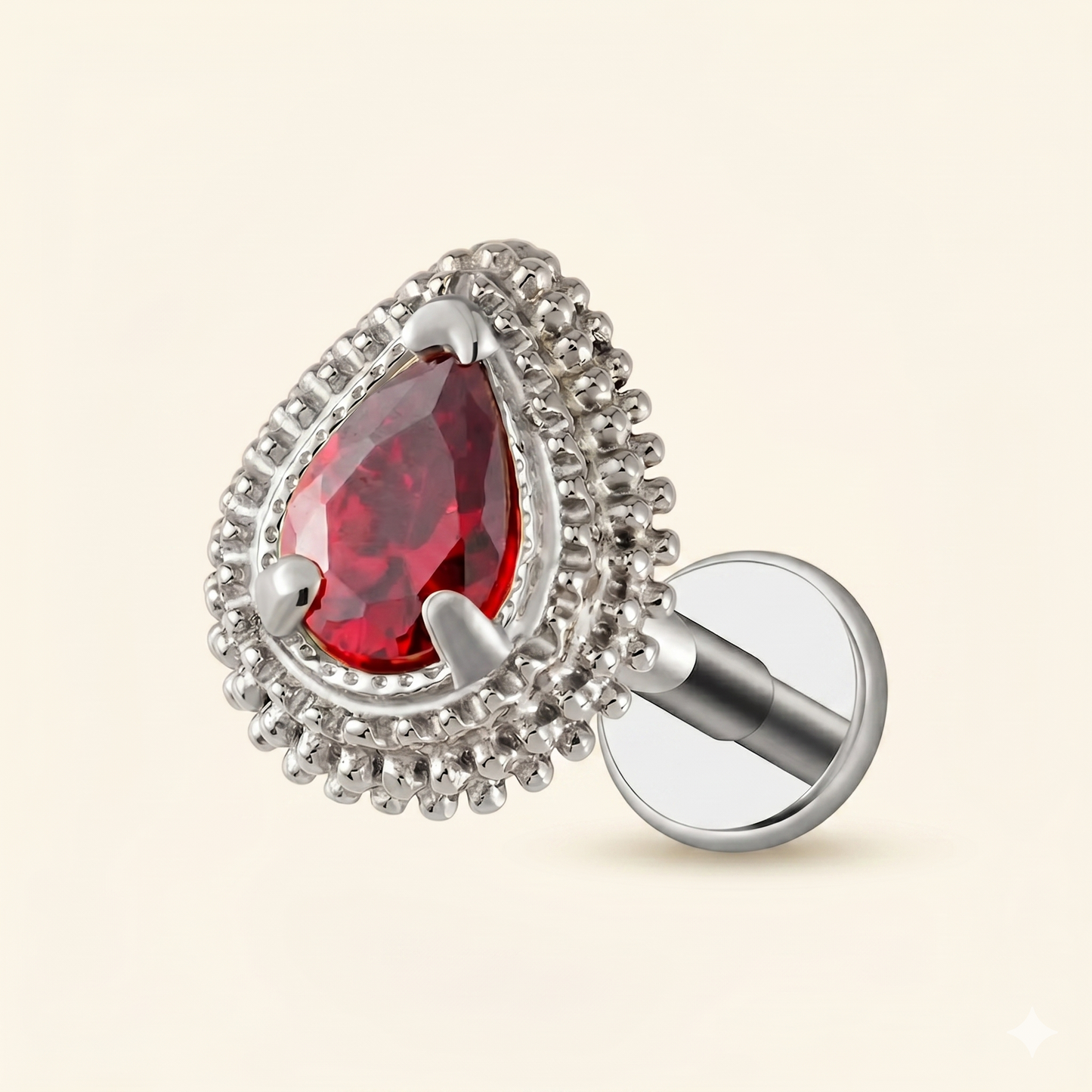 Piercing Labret Goutte Opale Rouge & Zircon en Titane ASTM F136