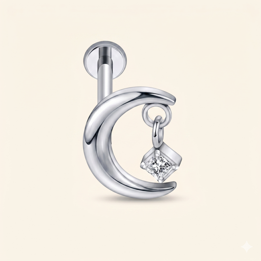 Right Grand ASTM F136 Titanio Pendente Luna CZ Push Pin Labret 18G/16G Threadless Flat Back Orecchino Helix Stud Piercing Cartilagine