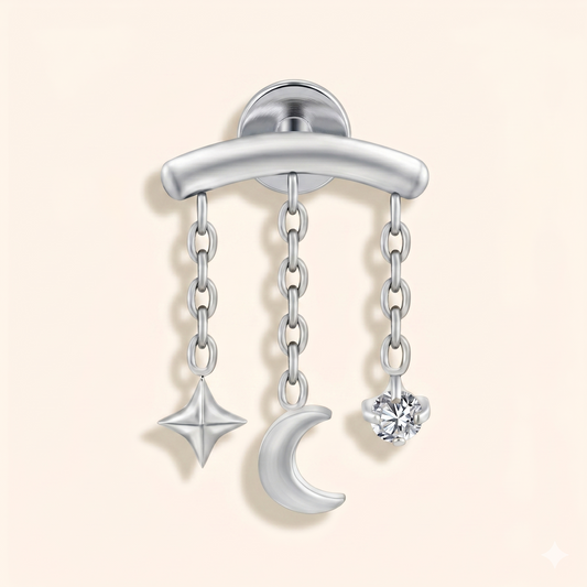 Piercing Hélix Chaîne Étoile Lune Zircon en Titane ASTM F136